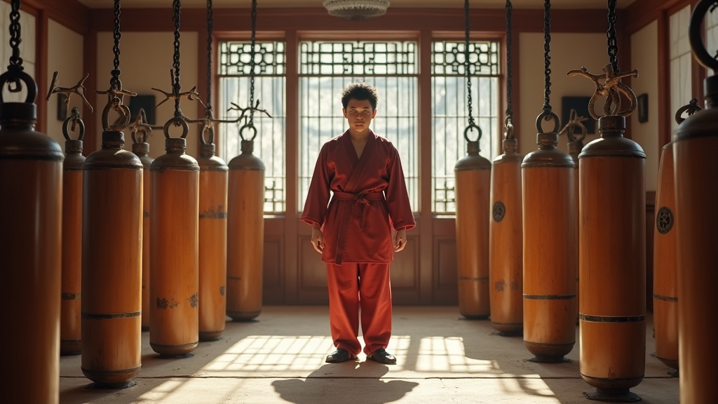 A collection of traditional martial arts training tools, such as wooden dummies and iron rings, arranged in a bright training room.